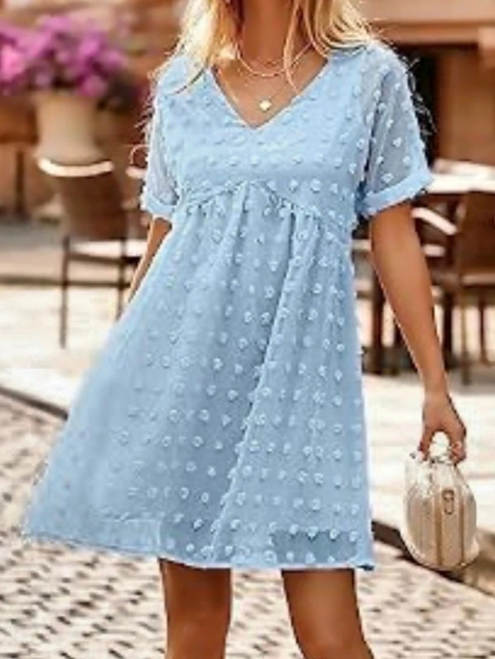 Kirundo Women's V-Neck Short Sleeve Swiss Dot Babydoll Dress Blue